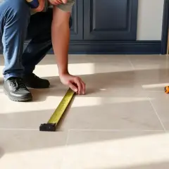 Un homme mesure le sol en carrelage clair, prêt pour le sechage carrelage. Des outils sont posés à proximité.