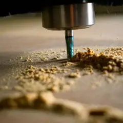 Frezarka CNC obrabia drewno, tworząc wióry. Optymalne parametry skrawania zapewniają precyzję i gładkość powierzchni.