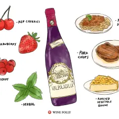 Butelka Valpolicella Ripasso obok wiśni, truskawek, żurawiny, ziół, kotletów schabowych, quiche i dań z makaronu.