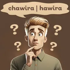 Zamyślony mężczyzna z pytajnikami wokół głowy zastanawia się nad słowami "chawira | hawira".