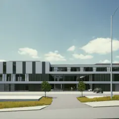 Nowoczesny budynek Zachodniopomorskiego Centrum Medyczne z parkingiem i zielenią.