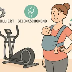 Sanfter Sport nach Kaiserschnitt: Ein Crosstrainer, eine Mutter mit Baby im Tragetuch und Icons für kontrolliertes, gelenkschonendes und effektives Training.