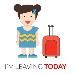 Bambina con valigia rossa, pronta a partire. Un esempio di avverbi di tempo in inglese: "I'm leaving TODAY".