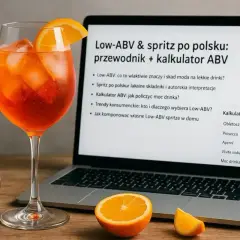 Aperol Spritz obok laptopa z kalkulatorem ABV. Dowiedz się, wino maryjka ile procent ma alkoholu, by stworzyć idealny drink.