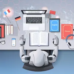 Robot tłumaczy książki, symbolizując przyszłe skutki tłumaczenia książek przez AI dla jakości literackiej 2026.
