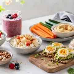 En härlig buffé med proteinrika mellanmål: smoothie, kvarg med bär, äggmackor, nötter och grönsaksstavar med hummus.