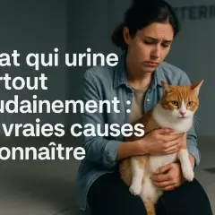 Une femme inquiète tient son chat roux et blanc. Le texte indique "Chat qui urine partout soudainement : les vraies causes à connaître". Mon chat urine beaucoup dans sa litière, est-ce un problème ?