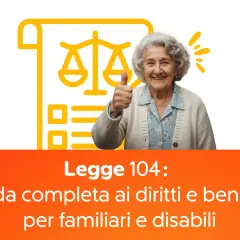 Anziana sorridente con pollice in su, simbolo di bilancia della giustizia e testo "Legge 104: guida completa ai diritti e benefici per familiari e disabili".