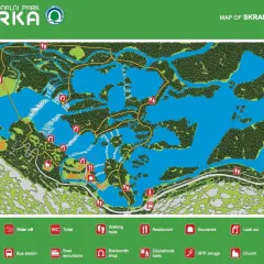 Mapa Parku Narodowego Krka, ukazująca szlaki, wodospady, punkty widokowe i inne atrakcje.