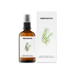 Bursztynowa butelka z atomizerem i opakowanie z wizerunkiem gałązki rozmarynu. Produkt zawiera rosmarinus officinalis leaf extract.