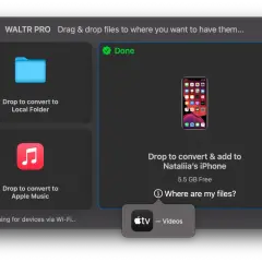 WALTR PRO interface shows options to convert files to a local folder, Apple Music, or an iPhone. This is useful for converting files like an MPG file.