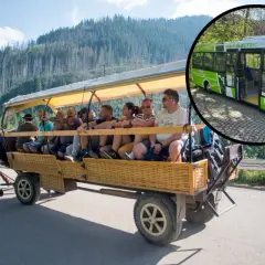 Morskie Oko: cennik meleksy i bryczki konne. Elektryczny bus obok tradycyjnego transportu.