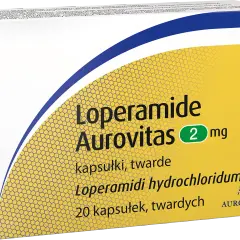 Opakowanie leku Loperamid Aurovitas 2 mg, zawierające 20 kapsułek twardych. Szybka ulga w dolegliwościach.
