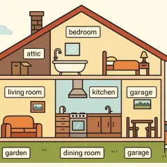 Przekrój domu z etykietami: attic, bedroom, living room, kitchen, garage, garden, dining room. Jak jest po angielsku pokój?