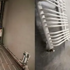 Prima e dopo: impianto idraulico a vista con tubi a pavimento e un bagno finito con vasca e scaldasalviette.