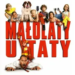 Obsada filmu "Małolaty u taty" - dzieci i pies na czerwonym tytule, a pod nim Eddie Murphy w stroju Flasha.