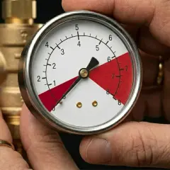 Manomètre indiquant une pression d'eau trop élevée. Que faire ? Le cadran montre une aiguille dans la zone rouge.