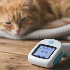 Un gato naranja duerme sobre una manta mientras un escáner muestra "SCANNING...". Averigua cuanto cuesta poner chip a un gato.