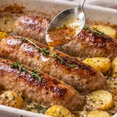Saucissons à cuire au four, dorés et juteux, mijotent avec des pommes de terre dans un plat. Une cuillère arrose le tout d'une sauce au vin blanc savoureuse.