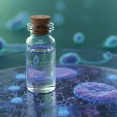 Szklana fiolka z napisem "OXYTOCIN" na tle komórek. Oksytocyna co to? Hormon miłości i więzi.
