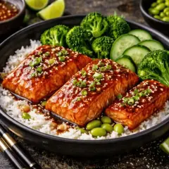Tre saftiga bitar teriyaki lax serveras på en bädd av ris, med broccoli, gurka och edamamebönor. En läcker och hälsosam måltid.