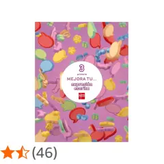 Imágenes para describir: Portada de libro "Mejora tu expresión escrita" para primaria, rodeada de burbujas de diálogo y flores de colores.