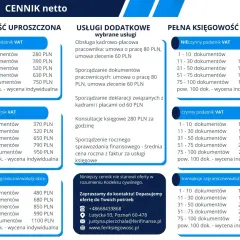 Cennik usług księgowych: uproszczona, pełna, dodatkowe usługi, transakcje zagraniczne.