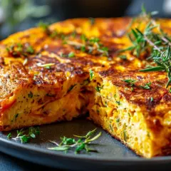 Tortilla de calabaza dorada y esponjosa, decorada con romero fresco, servida en un plato oscuro.