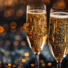 Dwa kieliszki musującego prosecco, pełne bąbelków, na tle rozmytych, złotych świateł. Czy prosecco to szampan? To pytanie często zadawane przy takich okazjach.