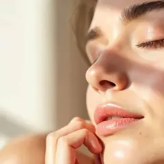 Sanfte Haut, die von der Sonne geküsst wird. Ein Hauch von Glanz auf den Lippen, vielleicht durch ein Produkt, das erklärt, was ist Retinol und wie es die Haut verjüngt.