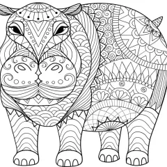 Hipopótamo con intrincados diseños para colorear, perfecto como mandalas para imprimir y relajarse.