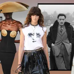 A collage of fashion and art, featuring a model in a golden hat, a woman with a graphic tee, and Salvador Dalí, embodying modern surrealism.