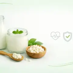 Kefir właściwości: zdrowy napój, probiotyki, naturalne składniki. Ikony symbolizują zdrowie, bezpieczeństwo i dietę.