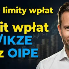 Mężczyzna w białej koszuli, stosy monet, wykresy i napisy: "Nowe limity wpłat", "Limit wpłat IKE/IKZE oraz OIPE".