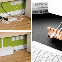 Organiza tu espacio: antes, un caos de cable por dentro; después, orden con una caja y un organizador de madera para tus cables.