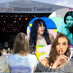Plakat z Orange Warsaw Festival zapowiada gwiazdy. Widok na scenę i tłum.