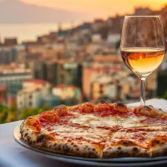 Idealne jakie wino do pizzy? Na tle zachodzącego słońca nad Neapolem, Margherita i dwa kieliszki różowego wina.