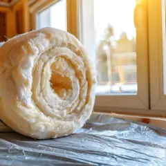 Rotolo di materiale isolante per coibentazione interna, pronto per essere installato in una casa in costruzione.
