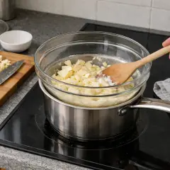Smält vit choklad i ett vattenbad. En träsked rör om i den smältande chokladen.