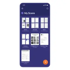Pantalla de "Mis Escaneos" en un iPhone, mostrando cómo escanear con iPhone es fácil. Organiza tus documentos por tipo: libros, recibos, música, facturas y más.