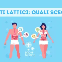 Uomini e donne con intestino stilizzato, circondati da icone di batteri benefici. Il testo "Fermenti lattici: quali scegliere?" e "Probiotici" suggerisce l'importanza del probiota intestinale.