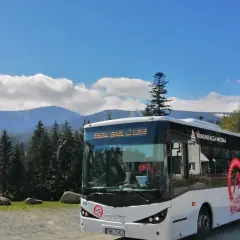 Biały autobus komunikacji miejskiej "Karpacz Bus" na tle gór i lasu. Idealny transport busem na górskie wycieczki.