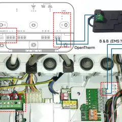 Schéma de raccordement OpenTherm pour chaudière Elm Leblanc Megalis Condens GVA C 21-5M. Alimentation 230V et connexion B&B.