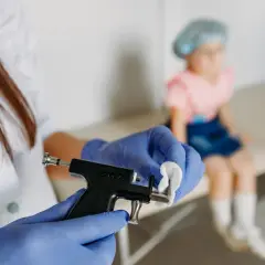 Ręce w niebieskich rękawiczkach przygotowują pistolet do przebicia uszu. W tle siedzi dziecko.