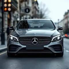 Elegancki, szary Mercedes C180 na ulicy miasta.