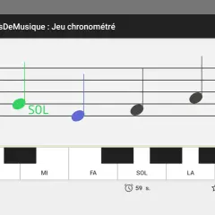 Une partition avec une clé de sol et plusieurs notes. La note SOL est mise en évidence. Un clavier de piano virtuel affiche les notes DO, RE, MI, FA, SOL, LA, SI.