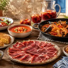 Un festín de comidas de verano españolas: paella, tortilla, gazpacho, jamón, ensalada y sangría.