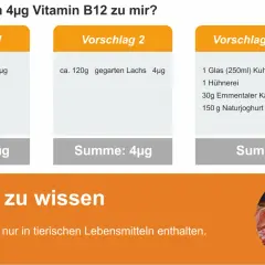 Wo ist Vitamin B12 drin? Vorschläge zeigen 4µg mit Rindfleisch, Lachs oder vegetarisch aus Milchprodukten und Ei.