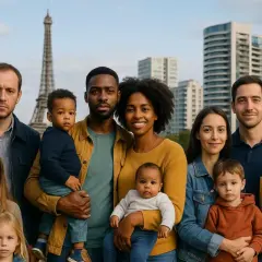 Familles diverses devant la Tour Eiffel, symbolisant la classe moyenne et son salaire, avec des enfants et des courses.