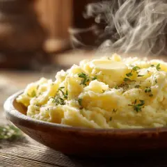 Un plat fumant d'écrase pomme de terre, garni de beurre fondant et d'herbes fraîches, sur une table en bois rustique.